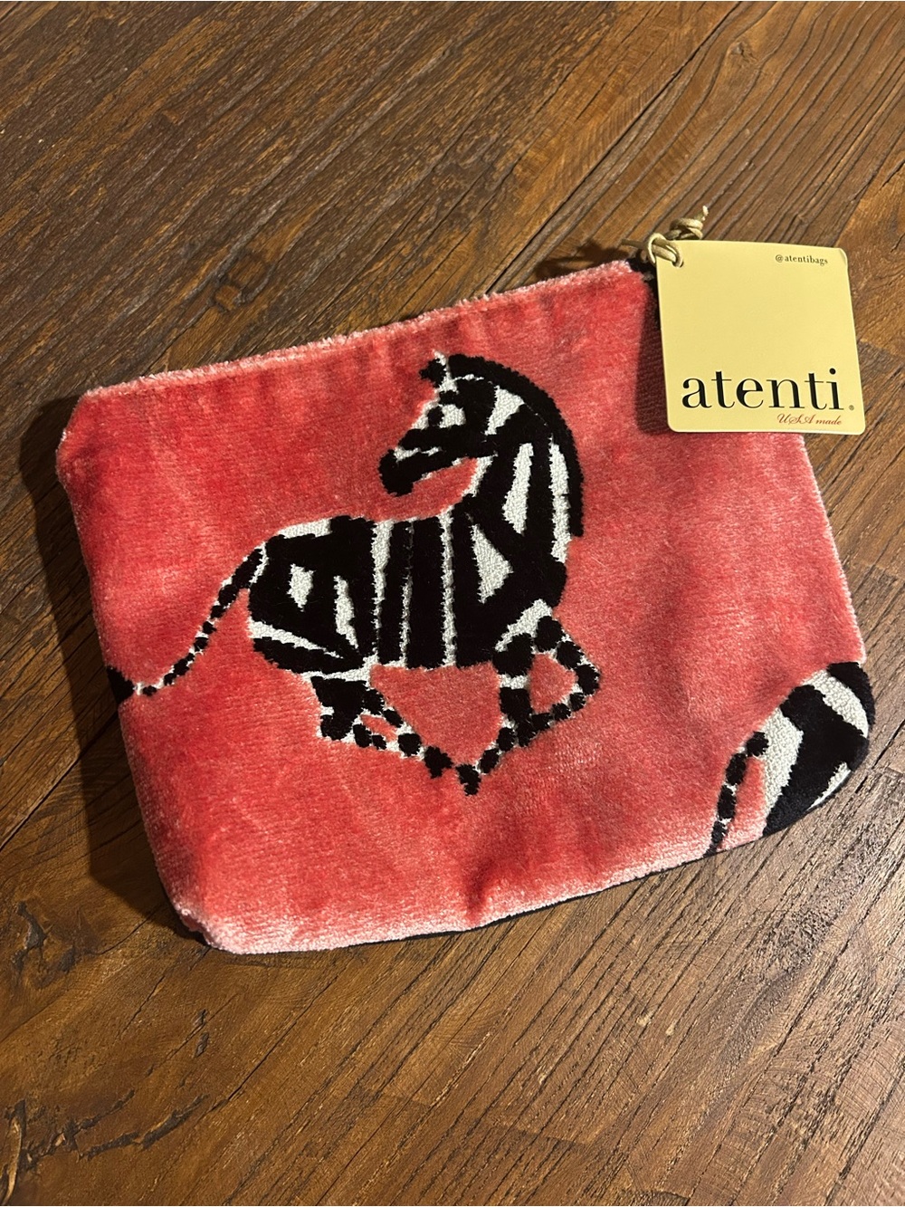 Atenti Velvet Zebra Pouch - Coral/Pink